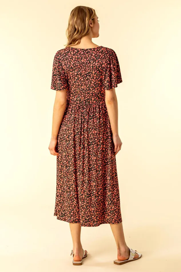 Red Button Detail Floral Tea Dress Women Roman Dresses