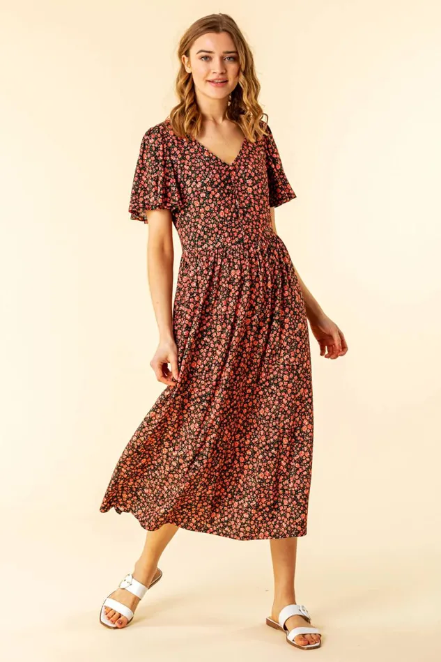 Red Button Detail Floral Tea Dress Women Roman Dresses