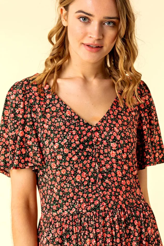 Red Button Detail Floral Tea Dress Women Roman Dresses