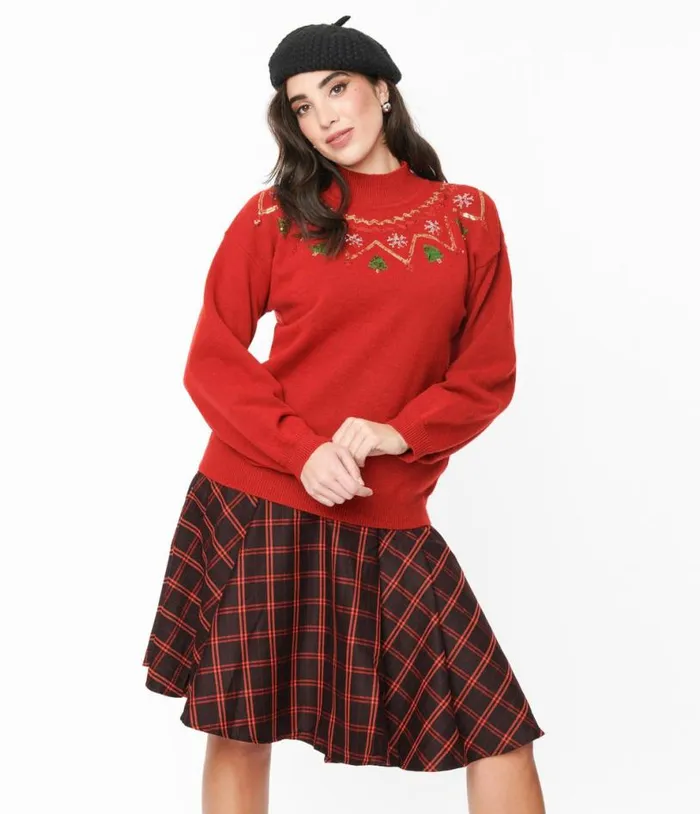 Red Christmas Sequin Mock Neck Sweater ClothingPlus Unique Vintage Sweaters and Cardigans