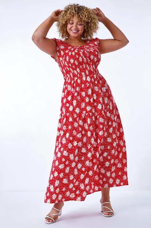 Red Curve Floral Shirred Bardot Dress Women Roman Dresses