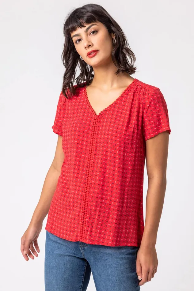 Red Ditsy Embroidered Trim Detail Top Women Roman Tops
