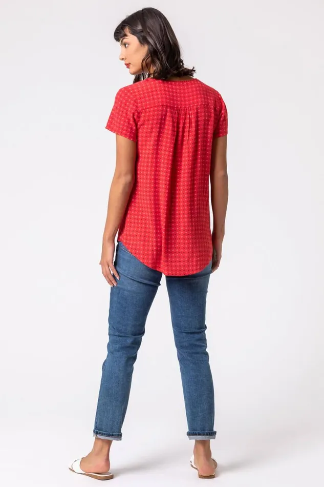 Red Ditsy Embroidered Trim Detail Top Women Roman Tops