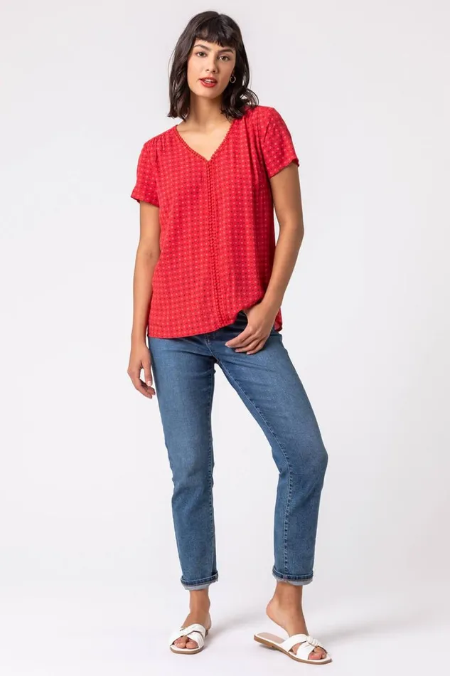 Red Ditsy Embroidered Trim Detail Top Women Roman Tops