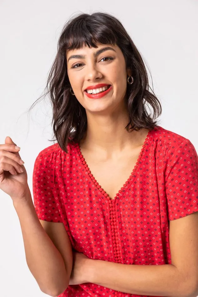Red Ditsy Embroidered Trim Detail Top Women Roman Tops