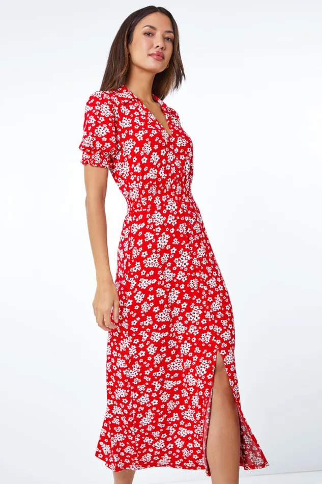 Red Ditsy Floral Print Fit and Flare Dress Women Roman Dresses
