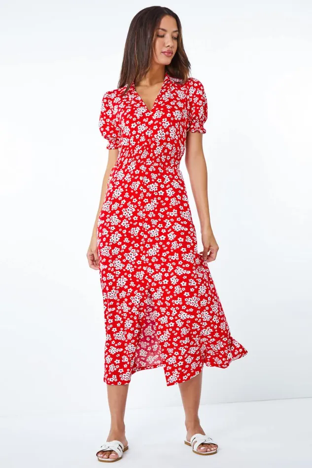 Red Ditsy Floral Print Fit and Flare Dress Women Roman Dresses