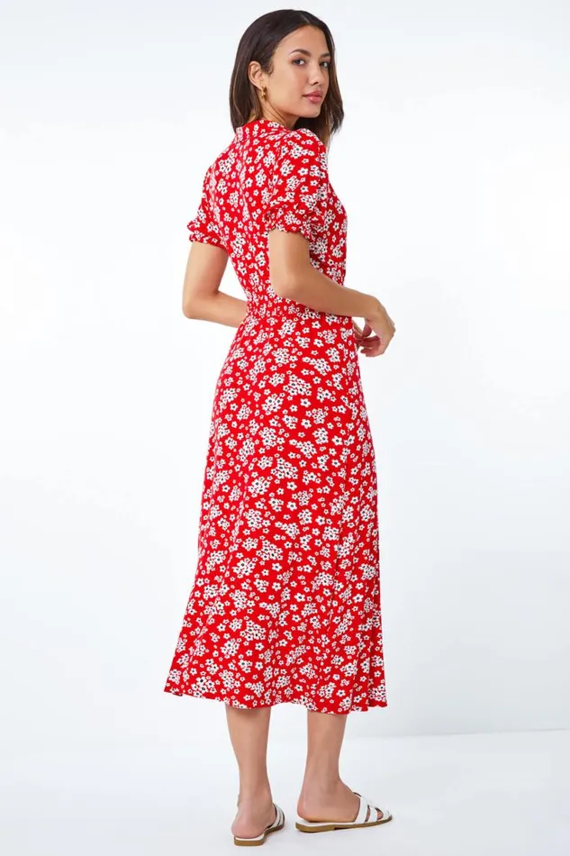 Red Ditsy Floral Print Fit and Flare Dress Women Roman Dresses