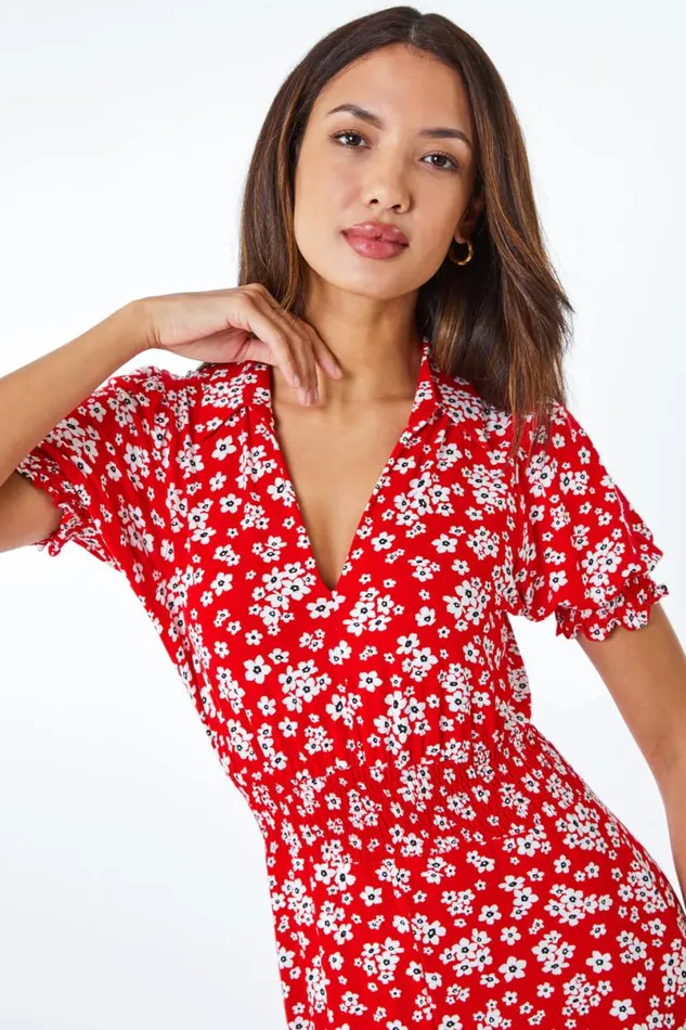 Red Ditsy Floral Print Fit and Flare Dress Women Roman Dresses