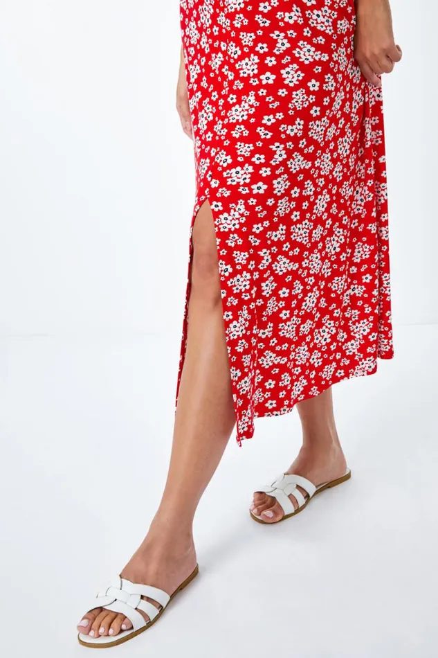 Red Ditsy Floral Print Fit and Flare Dress Women Roman Dresses