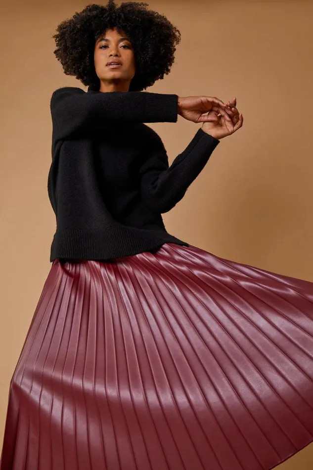 Red Faux Leather Pleated Maxi Skirt Women Roman Skirts