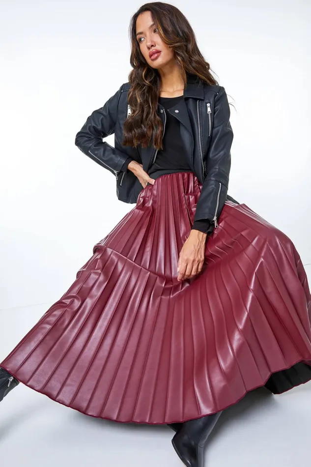 Red Faux Leather Pleated Maxi Skirt Women Roman Skirts