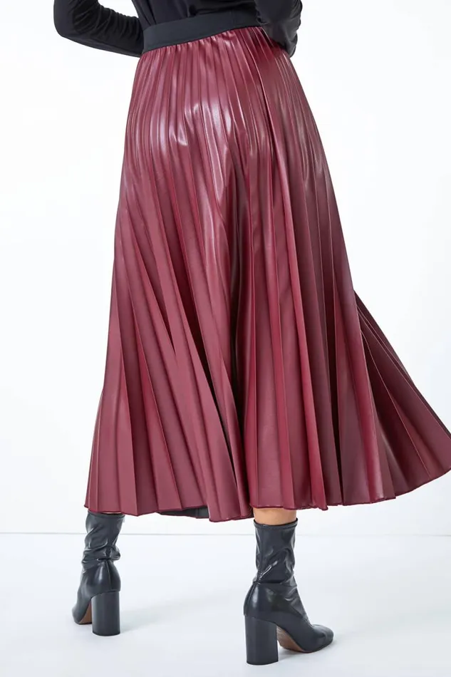 Red Faux Leather Pleated Maxi Skirt Women Roman Skirts