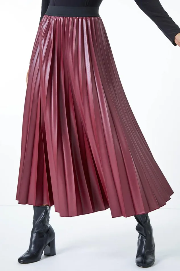 Red Faux Leather Pleated Maxi Skirt Women Roman Skirts