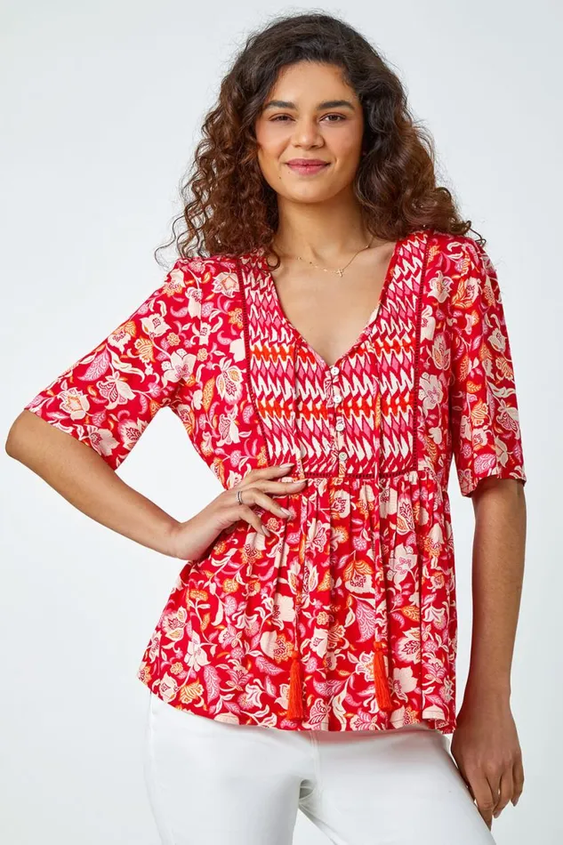Red Floral Border Tie VNeck Smock Top Women Roman Tops