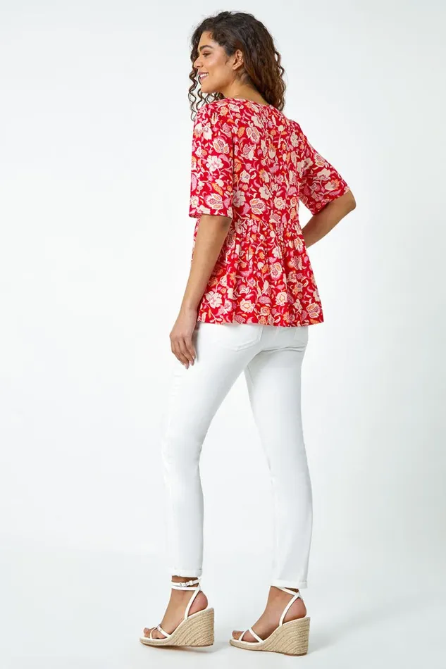 Red Floral Border Tie VNeck Smock Top Women Roman Tops