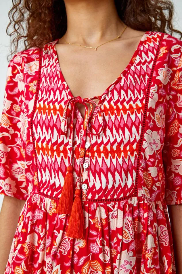 Red Floral Border Tie VNeck Smock Top Women Roman Tops