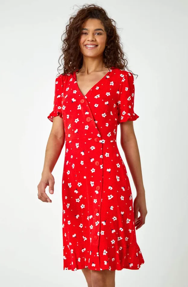 Red Floral Jersey Wrap Skater Tea Dress Women Roman Dresses
