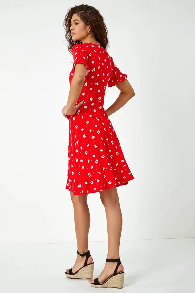 Red Floral Jersey Wrap Skater Tea Dress Women Roman Dresses