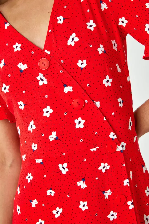 Red Floral Jersey Wrap Skater Tea Dress Women Roman Dresses