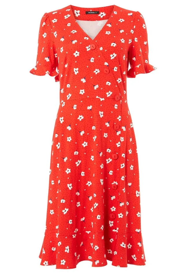 Red Floral Jersey Wrap Skater Tea Dress Women Roman Dresses