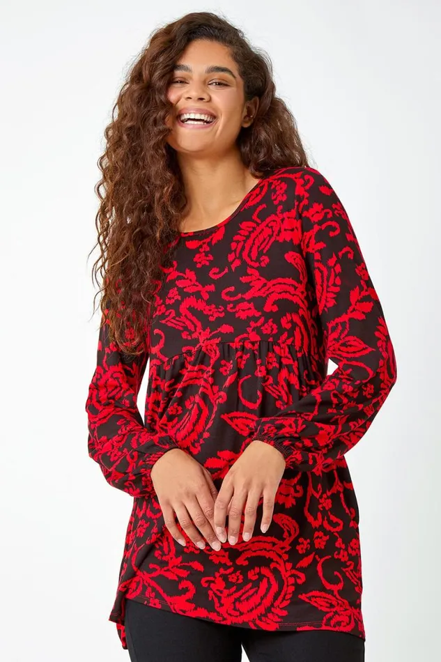 Red Floral Pocket Detail Stretch Tunic Top Women Roman Tops