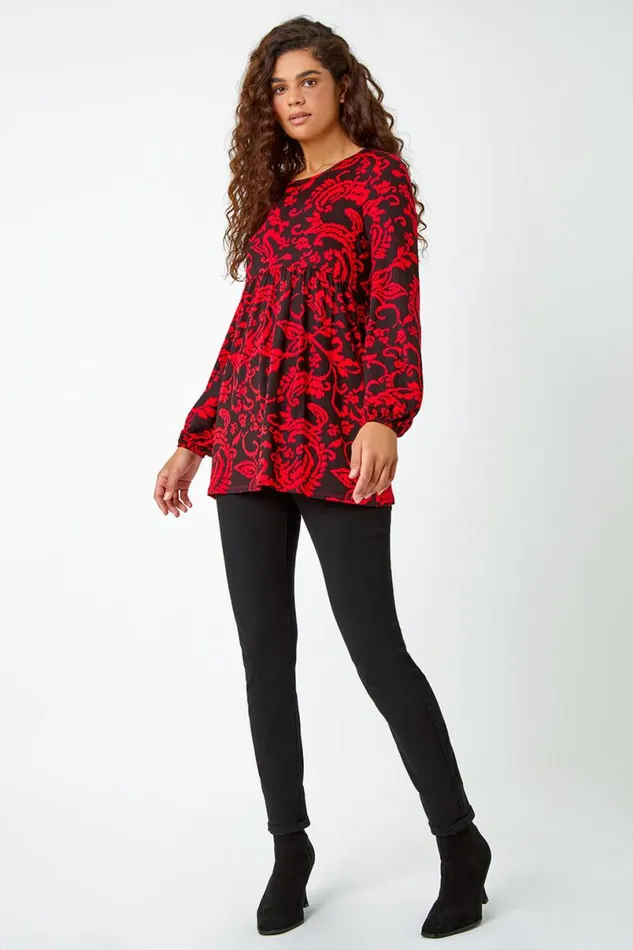 Red Floral Pocket Detail Stretch Tunic Top Women Roman Tops