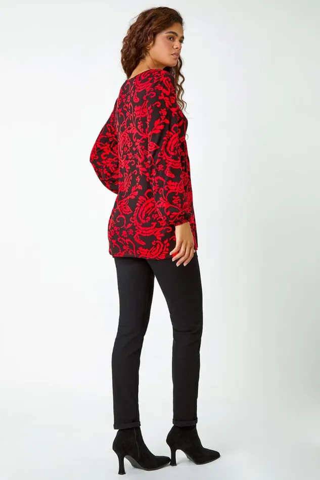 Red Floral Pocket Detail Stretch Tunic Top Women Roman Tops