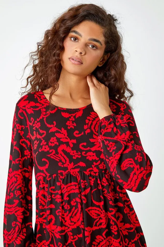 Red Floral Pocket Detail Stretch Tunic Top Women Roman Tops