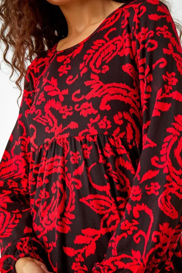 Red Floral Pocket Detail Stretch Tunic Top Women Roman Tops