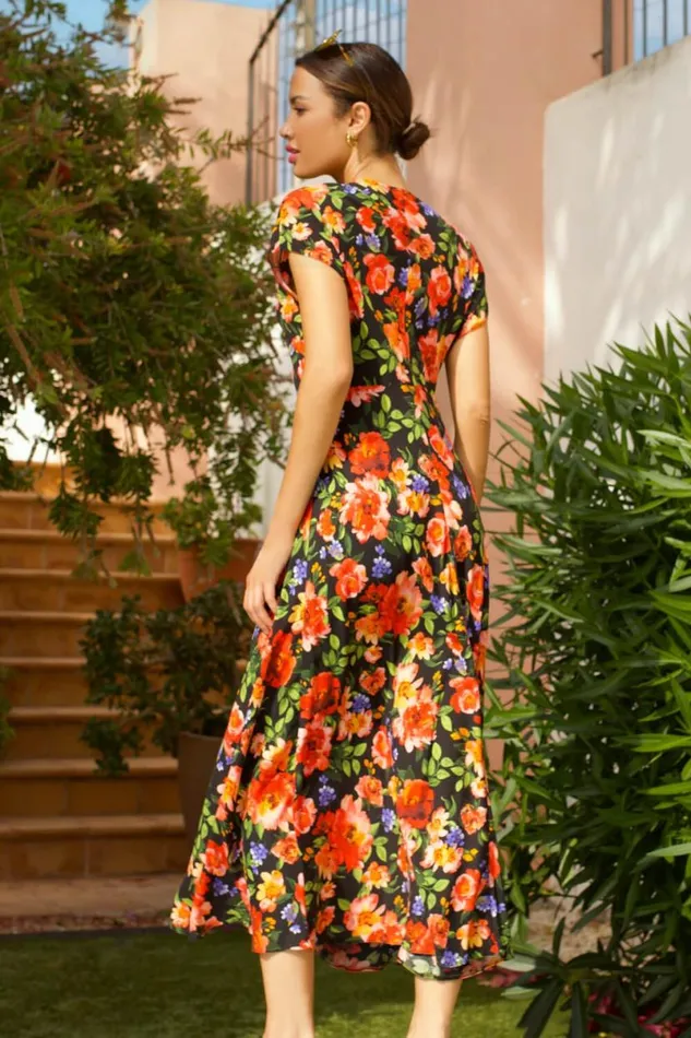 Red Floral Print Fit and Flare Midi Dress Women Roman Dresses