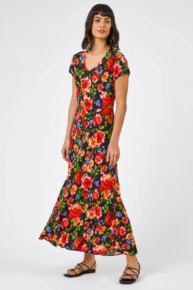 Red Floral Print Fit and Flare Midi Dress Women Roman Dresses