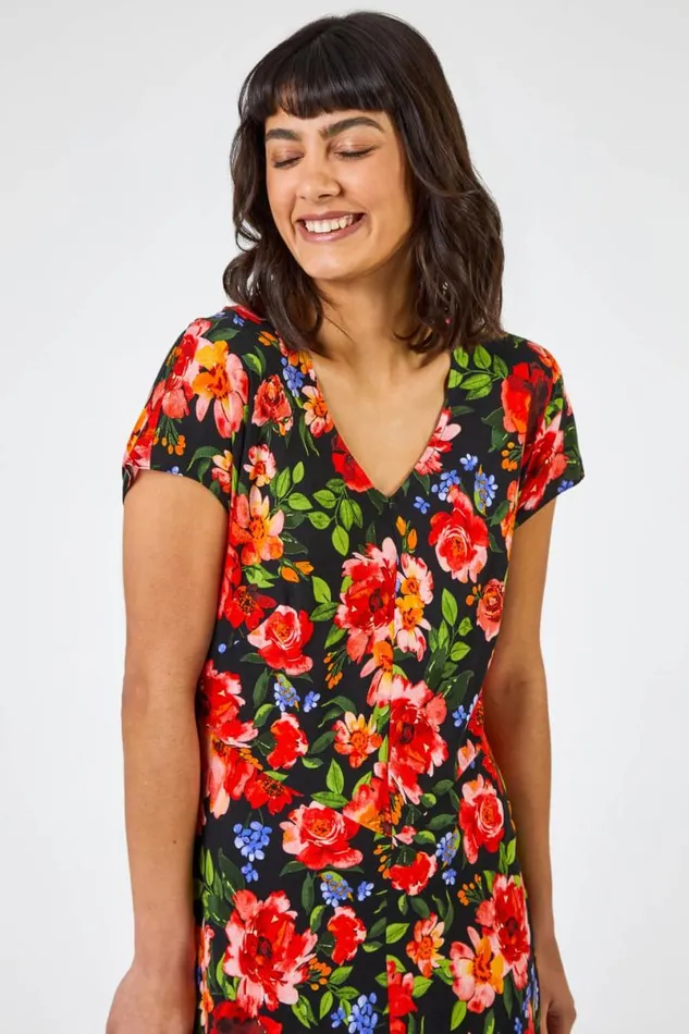 Red Floral Print Fit and Flare Midi Dress Women Roman Dresses