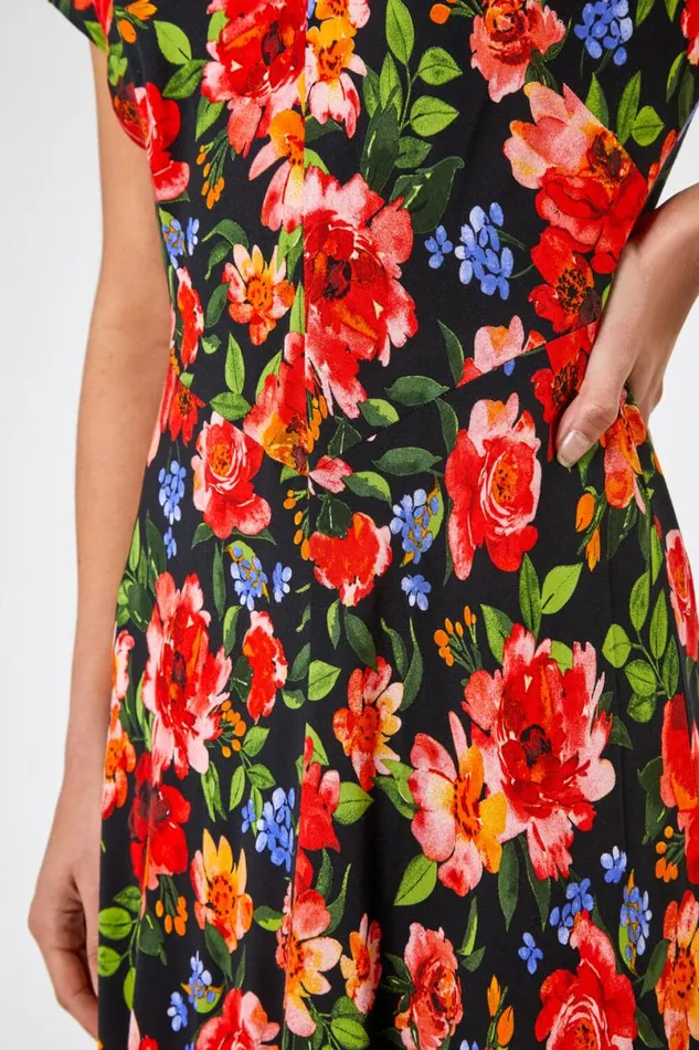 Red Floral Print Fit and Flare Midi Dress Women Roman Dresses