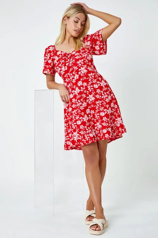 Red Floral Print Frill Hem Mini Dress Women Roman Dresses