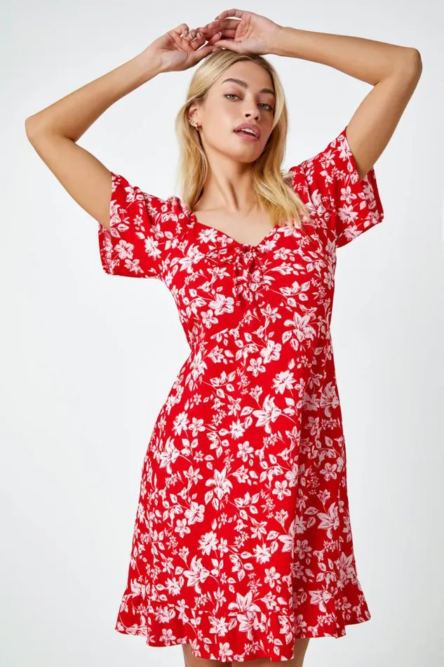 Red Floral Print Frill Hem Mini Dress Women Roman Dresses