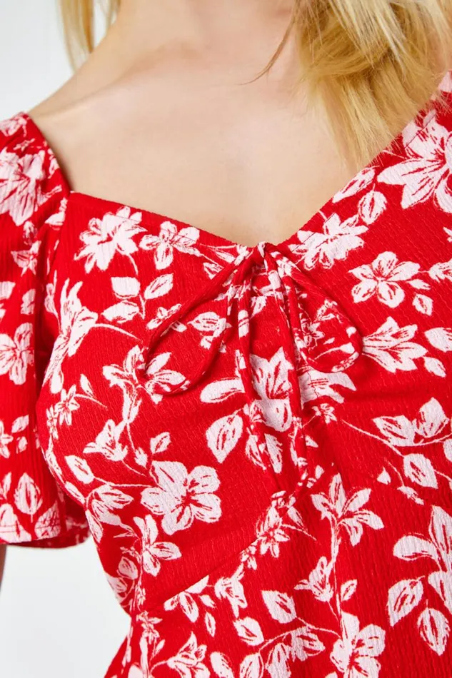 Red Floral Print Frill Hem Mini Dress Women Roman Dresses