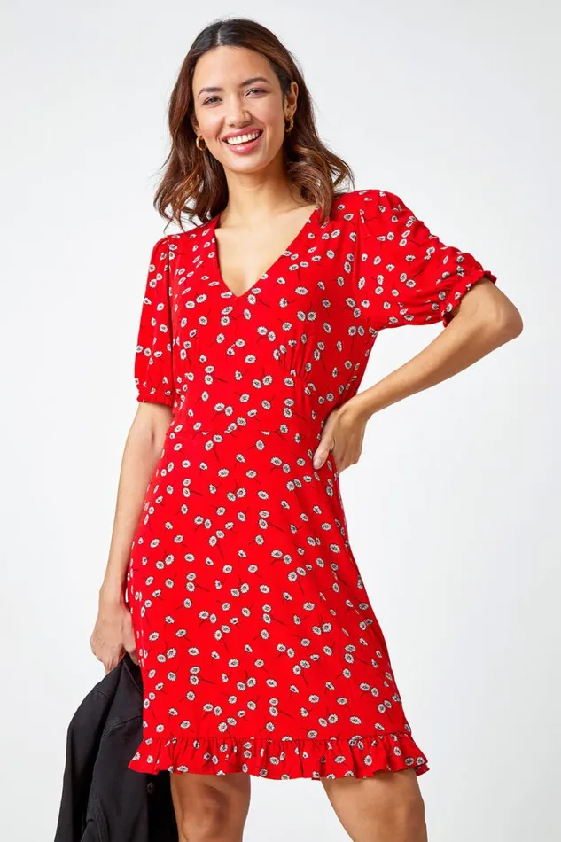 Red Floral Print Frill Tea Dress Women Roman Dresses