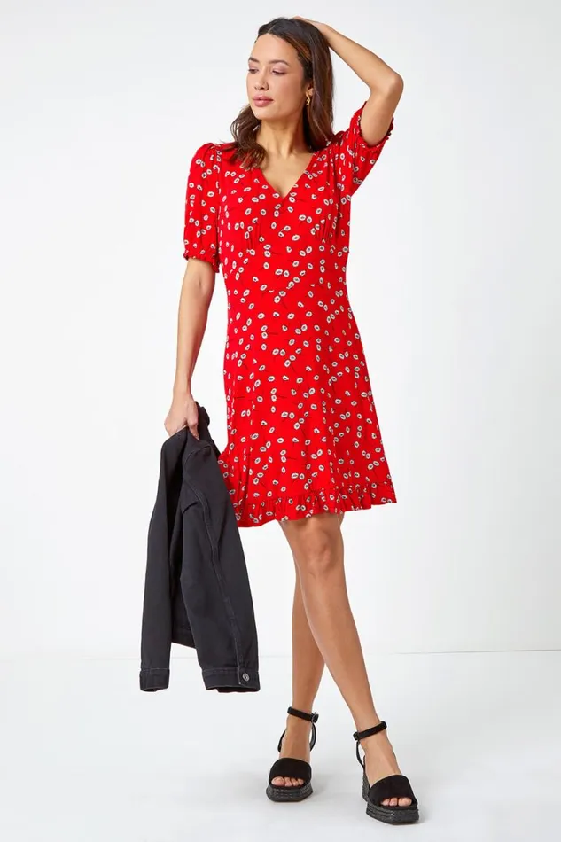 Red Floral Print Frill Tea Dress Women Roman Dresses