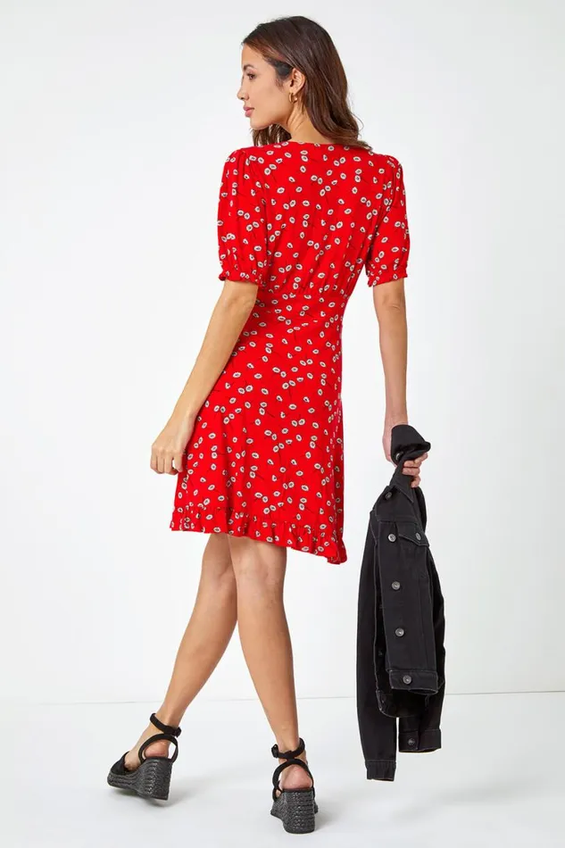 Red Floral Print Frill Tea Dress Women Roman Dresses