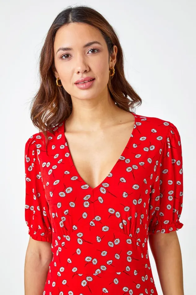 Red Floral Print Frill Tea Dress Women Roman Dresses