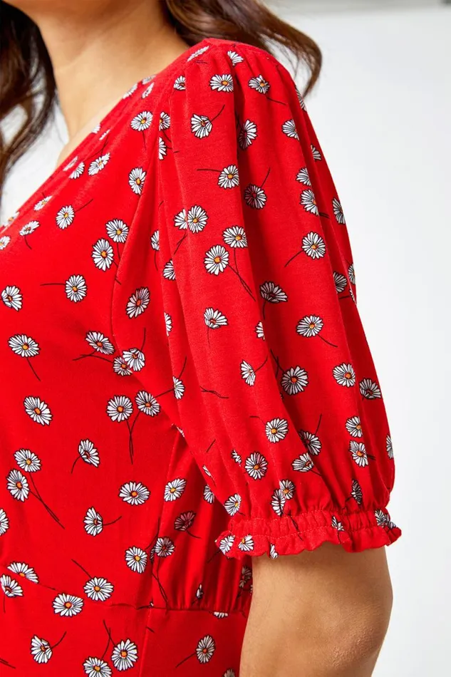 Red Floral Print Frill Tea Dress Women Roman Dresses