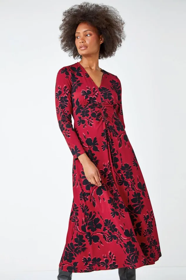 Red Floral Print Ruched Midi Stretch Dress Women Roman Dresses