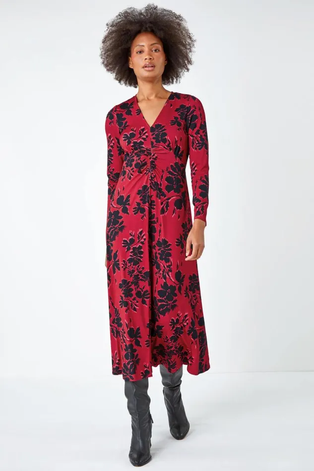 Red Floral Print Ruched Midi Stretch Dress Women Roman Dresses