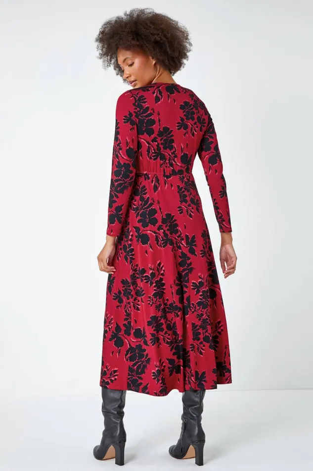 Red Floral Print Ruched Midi Stretch Dress Women Roman Dresses