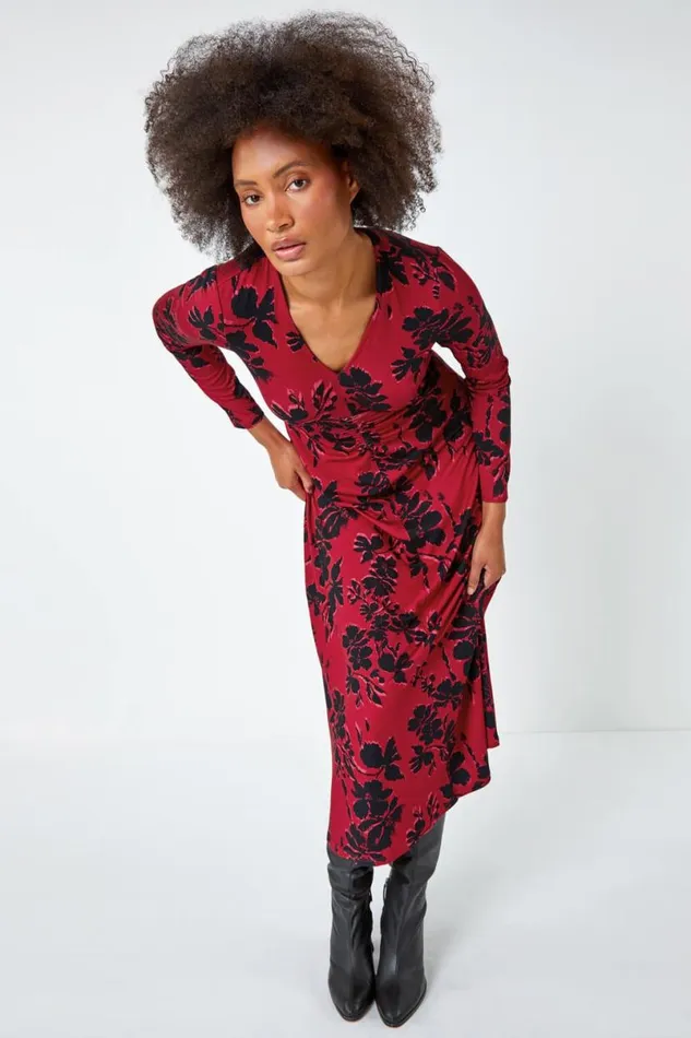 Red Floral Print Ruched Midi Stretch Dress Women Roman Dresses