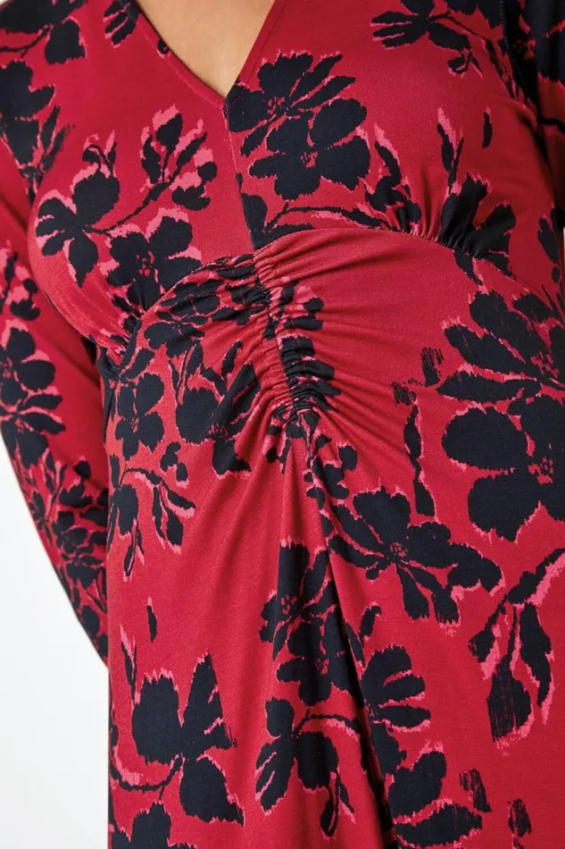 Red Floral Print Ruched Midi Stretch Dress Women Roman Dresses