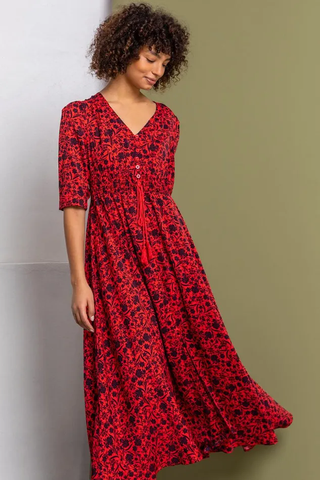 Red Floral Print Shirred Waist Maxi Dress Women Roman Dresses