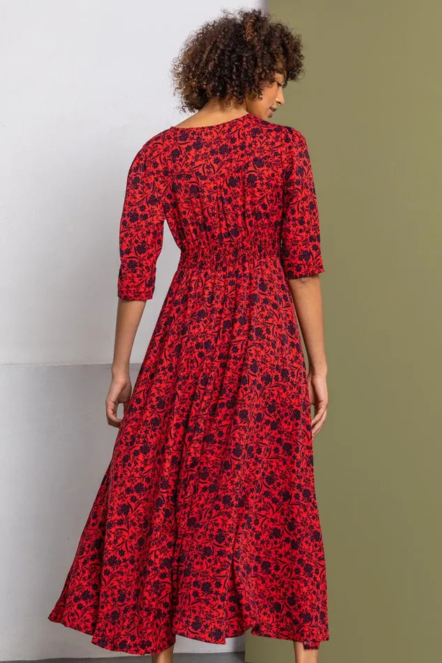 Red Floral Print Shirred Waist Maxi Dress Women Roman Dresses