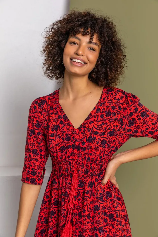 Red Floral Print Shirred Waist Maxi Dress Women Roman Dresses